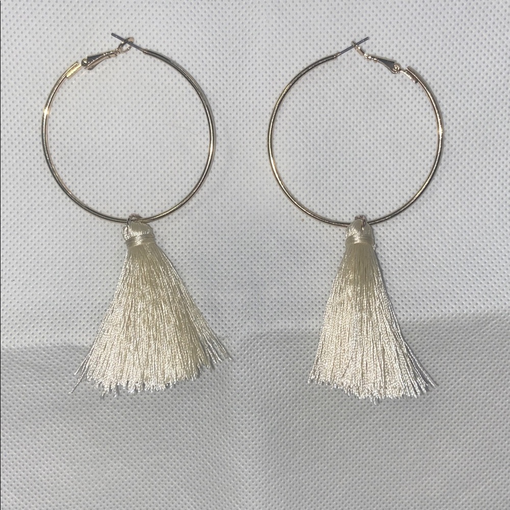 Gold Hoop Earrings with Cream Tassels
